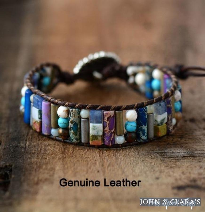 Handmade Natural Gemstone Sunflower Leather Wrap Bracelet