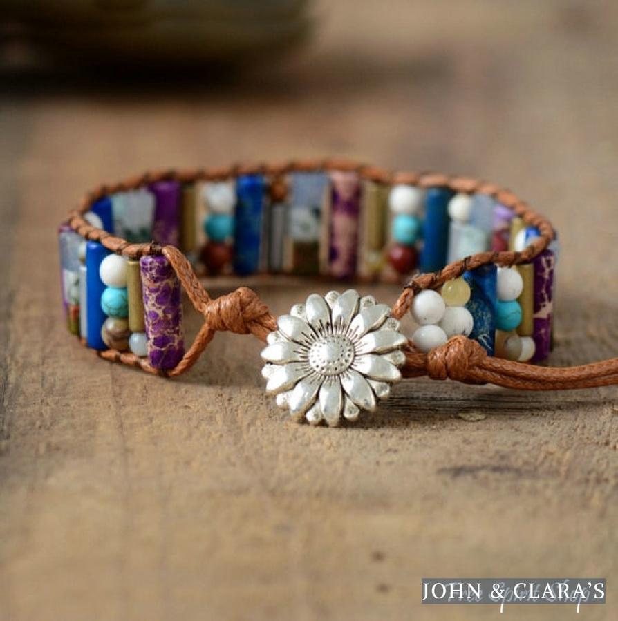 Handmade Natural Gemstone Sunflower Leather Wrap Bracelet