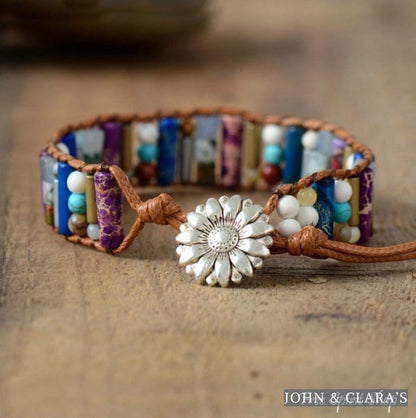 Handmade Natural Gemstone Sunflower Leather Wrap Bracelet
