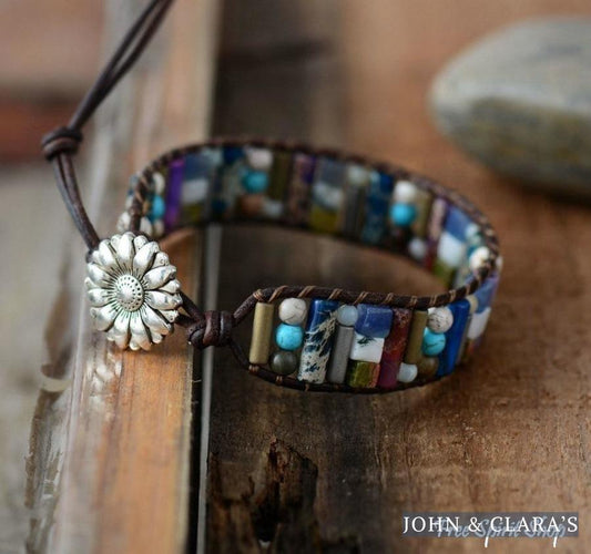 Handmade Natural Gemstone Sunflower Leather Wrap Bracelet