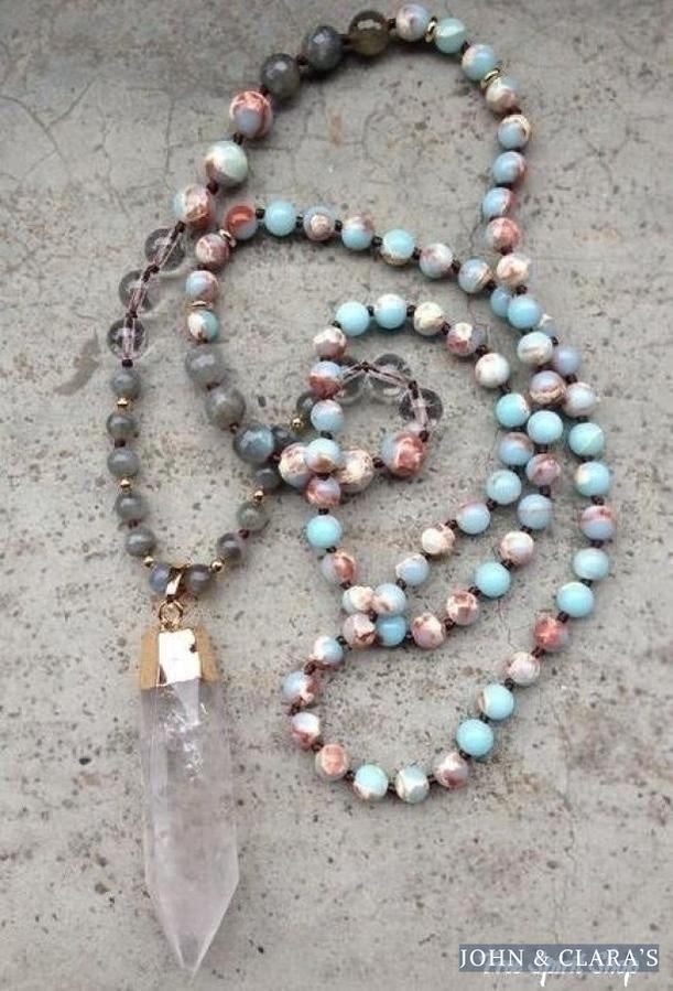 Handmade Natural Indian Agate, Labradorite & Clear Quartz Mala Bead Necklace