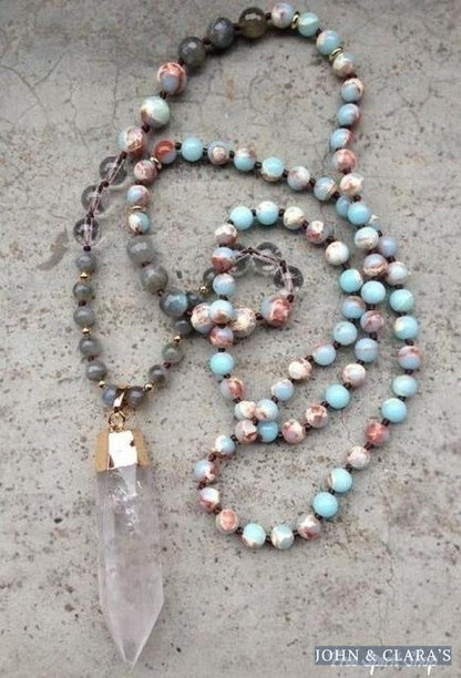 Handmade Natural Indian Agate, Labradorite & Clear Quartz Mala Bead Necklace