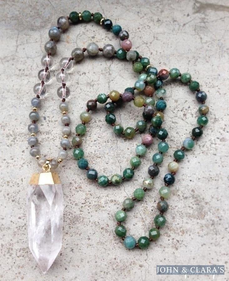Handmade Natural Indian Agate, Labradorite & Clear Quartz Mala Bead Necklace