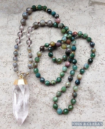 Handmade Natural Indian Agate, Labradorite & Clear Quartz Mala Bead Necklace