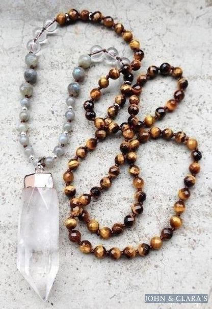 Handmade Natural Indian Agate, Labradorite & Clear Quartz Mala Bead Necklace