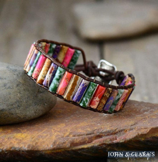 Handmade Natural Jasper & Agate Stone Leather Wrap Bracelet