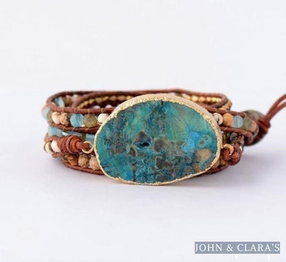 Handmade Natural Ocean Jasper Leather Wrap Bracelet