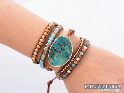 Handmade Natural Ocean Jasper Leather Wrap Bracelet