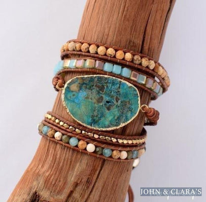 Handmade Natural Ocean Jasper Leather Wrap Bracelet