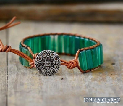 Handmade Natural Green Onyx Tube Stone Bracelet