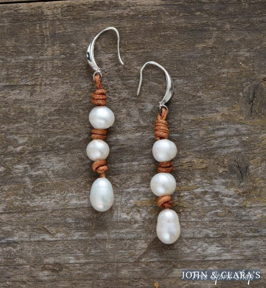 Handmade Natural Three Freshwater Pearl Leather Earrings