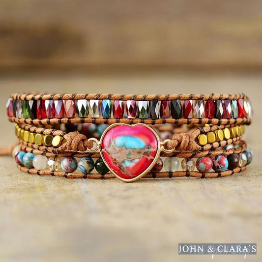 Mixed Beads & Red Heart Jasper Charm Wrap Bracelet
