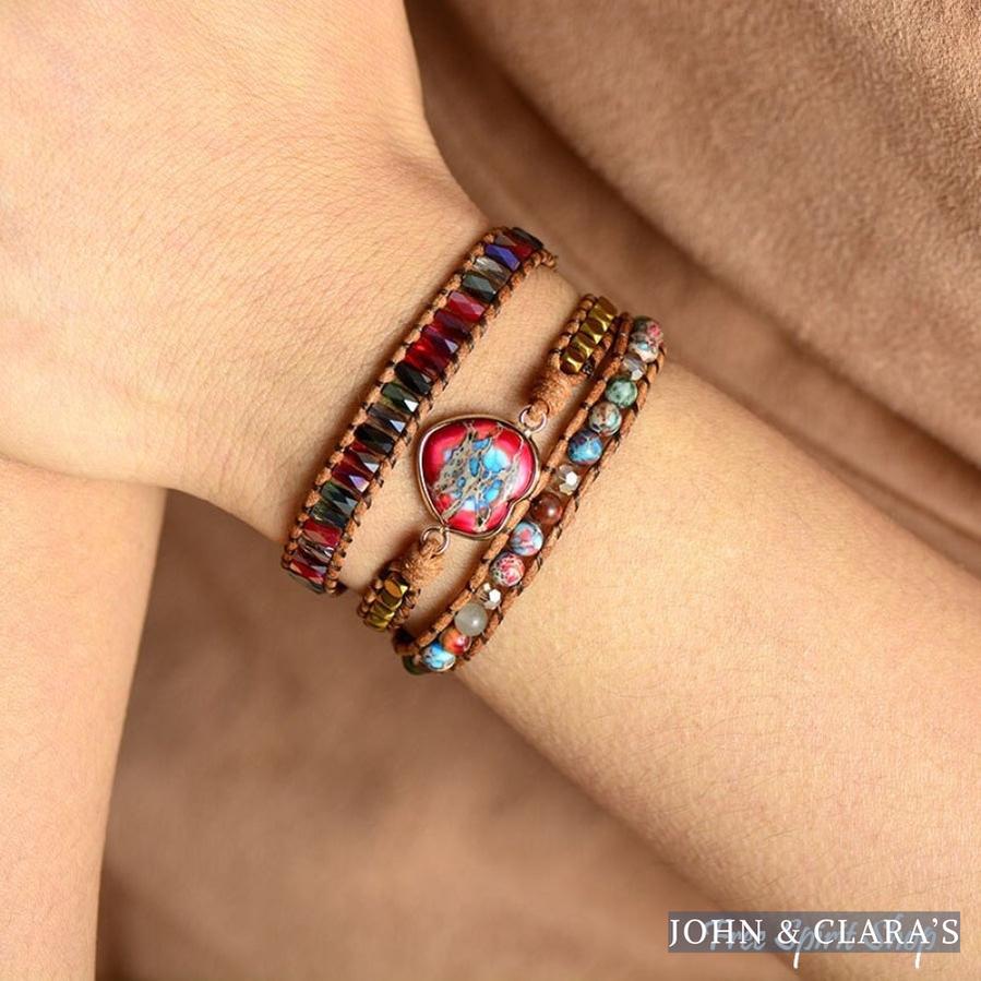 Mixed Beads & Red Heart Jasper Charm Wrap Bracelet