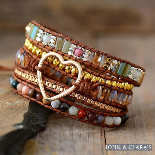 Mixed Gemstones & Heart Charm Wrap Bracelet