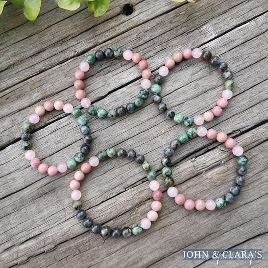 Natural African Turquoise Labradorite Rhodonite & Rose Quartz Bead Bracelet