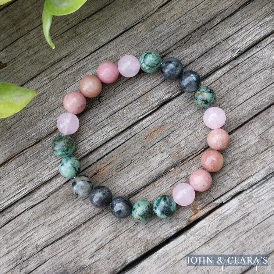 Natural African Turquoise Labradorite Rhodonite & Rose Quartz Bead Bracelet