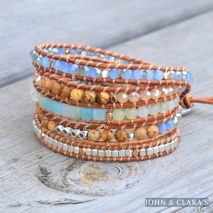 Natural Amazonite & Jasper Leather Wrap Bracelet