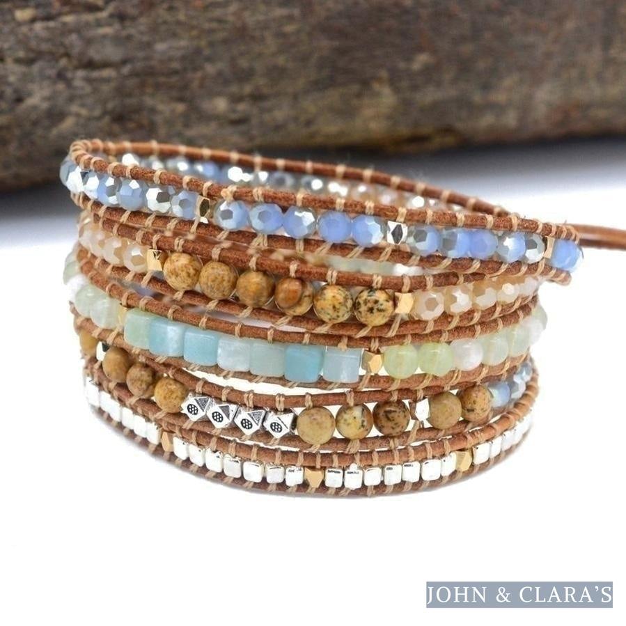 Natural Amazonite & Jasper Leather Wrap Bracelet