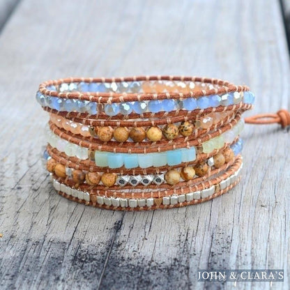 Natural Amazonite & Jasper Leather Wrap Bracelet