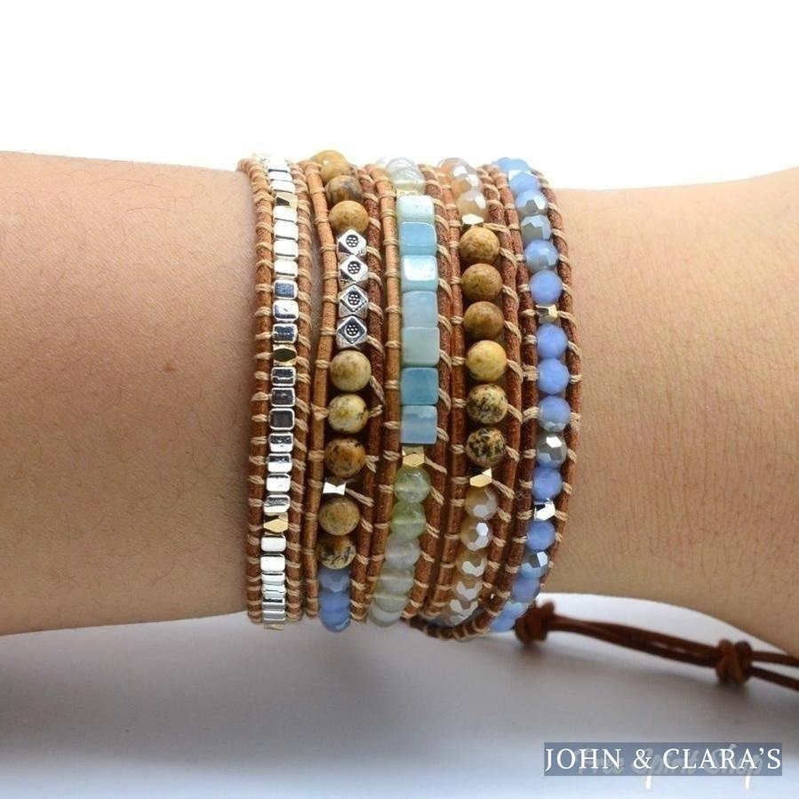 Natural Amazonite & Jasper Leather Wrap Bracelet