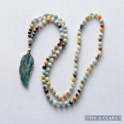 Natural Amazonite Stone & Feather Pendant Necklace