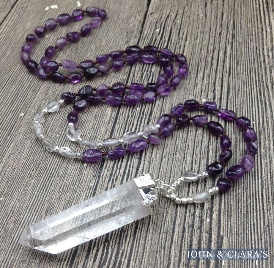 Natural Amethyst & Clear Quartz Gemstone Mala Bead Necklace