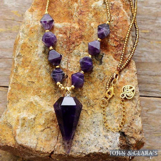 Natural Amethyst Diamond Shaped Pendant Necklace
