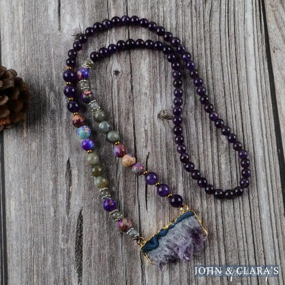 Natural Amethyst Jasper & Labradorite Beaded Druzy Necklace