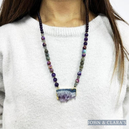 Natural Amethyst Jasper & Labradorite Beaded Druzy Necklace