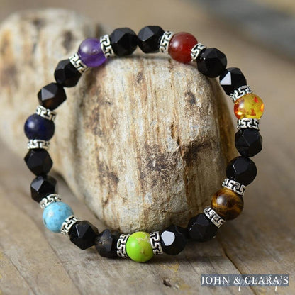 Natural Black Onyx & 7 Chakra Bead Bracelet