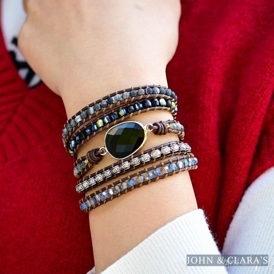 Natural Black Onyx Beaded Wrap Bracelet