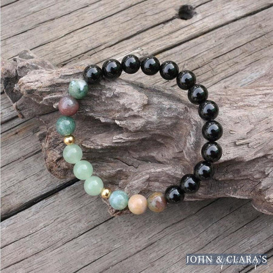 Natural Black Onyx, Indian Agate & Green Aventurine Bead Bracelet