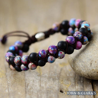 Natural Black Onyx & Purple Jasper Braided Bracelet