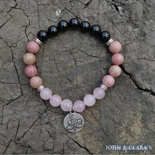 Natural Black Onyx Rhodonite & Rose Quartz Mala Beads