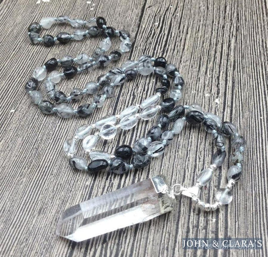 Natural Black Rutilated Quartz & Clear Quartz Mala Bead Necklace
