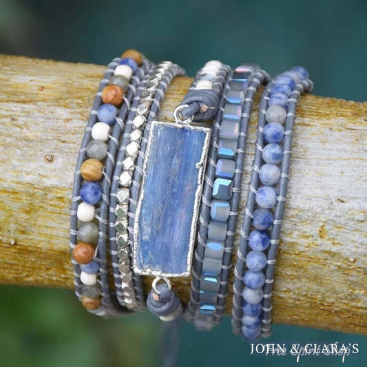 Natural Blue Topaz Sodalite & Howlite Gemstone Leather Wrap Bracelet