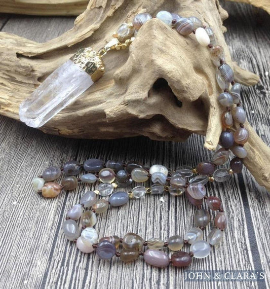 Natural Botswana Agate & Clear Quartz Necklace