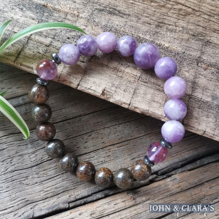 Natural Bronzite & Purple Lepidolite Bead Bracelet