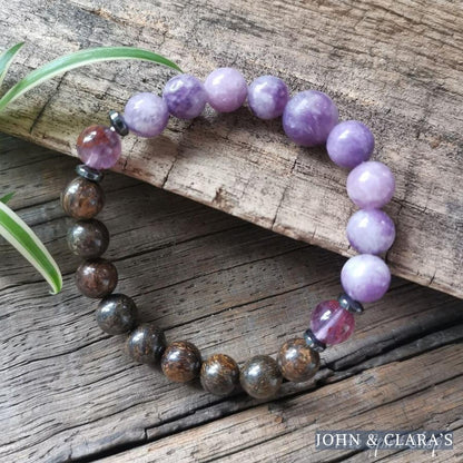 Natural Bronzite & Purple Lepidolite Bead Bracelet