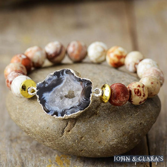 Natural Brown Onyx & Druzy Crystal Bead Bracelet