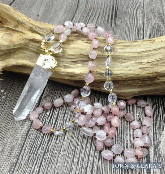 Natural Clear Quartz & Rose Quartz Gemstone Necklace