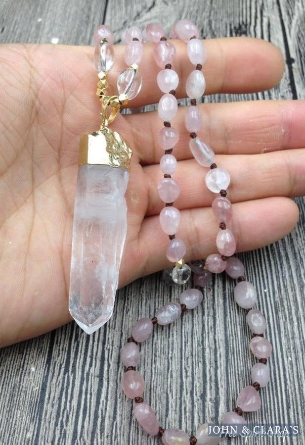 Natural Clear Quartz & Rose Quartz Gemstone Necklace