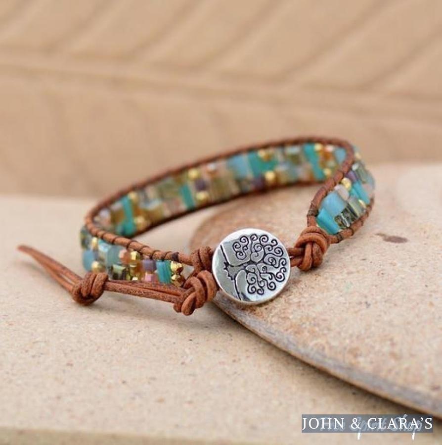 Natural Crystal & Leather Tree of Life Wrap Bracelet