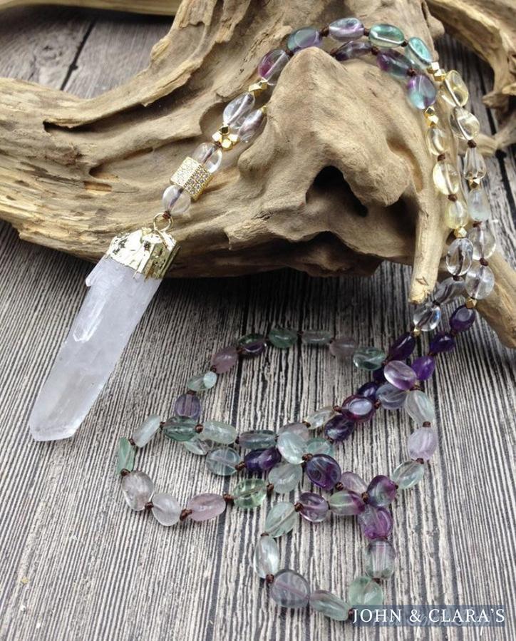 Natural Fluorite & Clear Quartz Gemstone Necklace