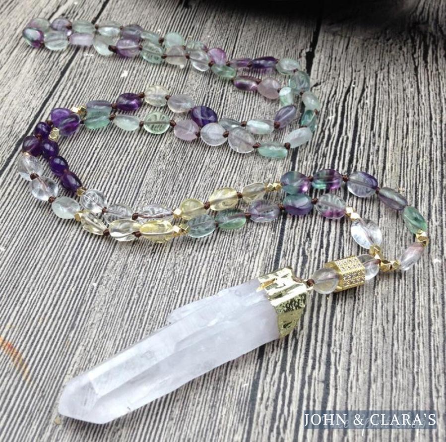 Natural Fluorite & Clear Quartz Gemstone Necklace