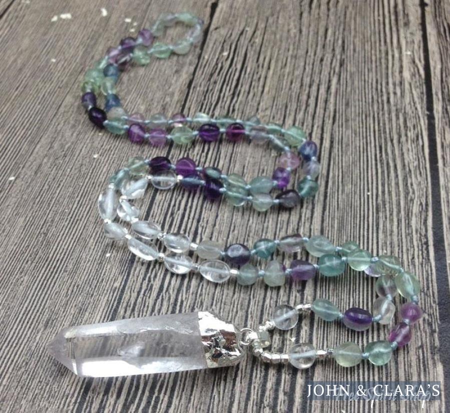 Natural Fluorite & Clear Quartz Gemstone Necklace