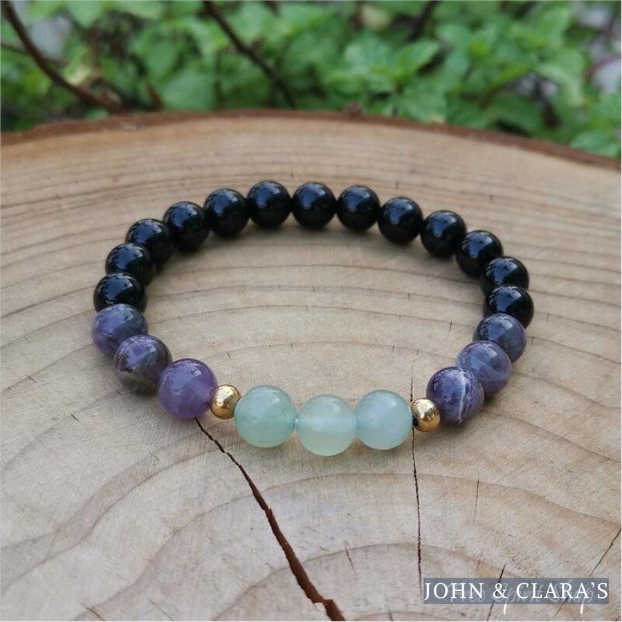 Natural Green Aventurine Amethyst & Black Onyx Bead Bracelet