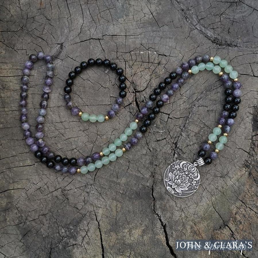 Natural Green Aventurine Amethyst & Black Onyx Bead Bracelet