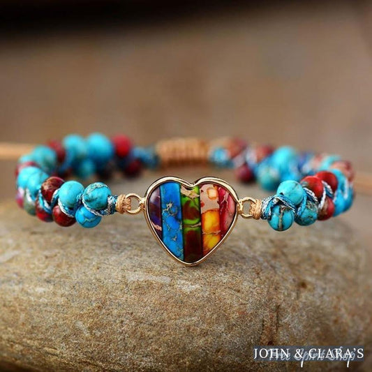 Natural Jasper Rainbow Heart Bead Bracelet