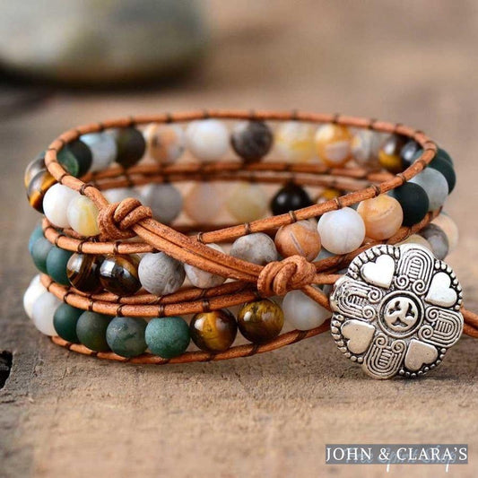 Natural Jasper Tiger Eye & Green Onyx Beaded Wrap Bracelet